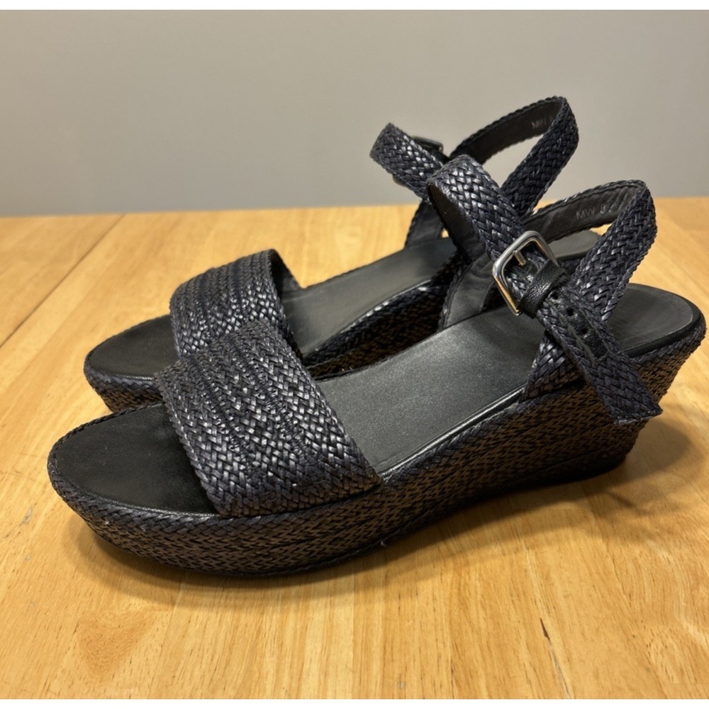 Stuart Weitzman Black Woven Wedge Sandals Buckle Ankle Strap Size 8